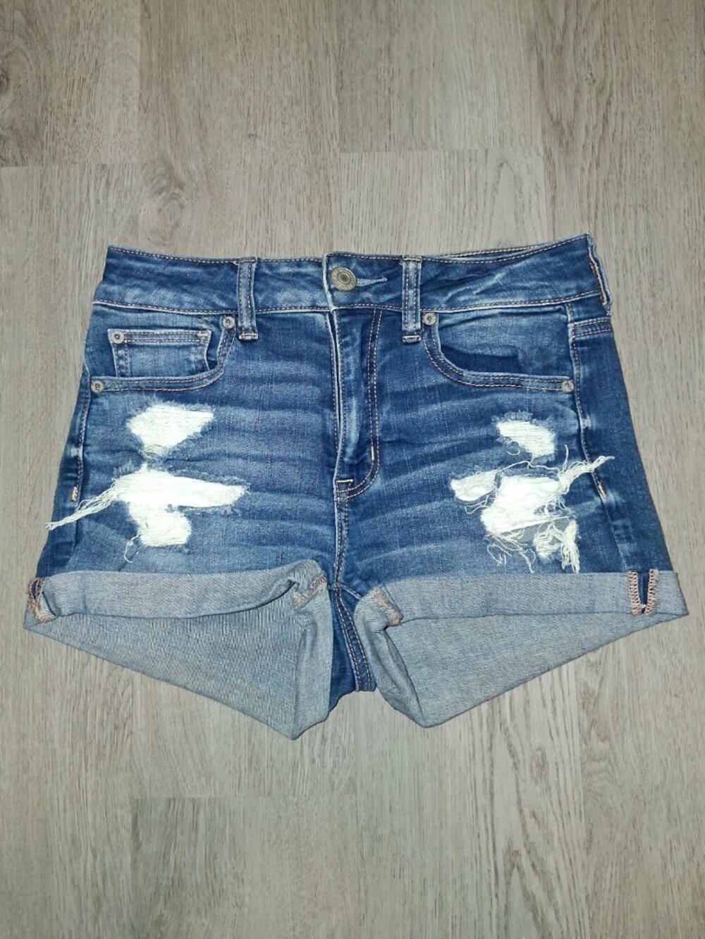 American Eagle Stretch Hi-Rise Shortie Shorts Size 4 Dark Wash Distressed Denim